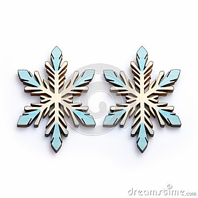 Wooden Snowflake Earrings With Blue Accents On White Background Stock Photo