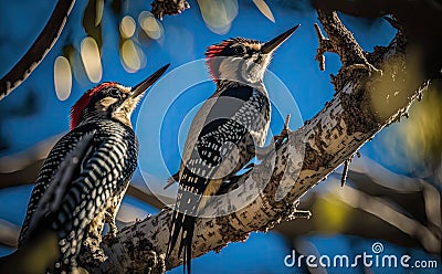 A couple of woodpeckers perched on a beech trunk with a green, blurred forest background, generative AI Stock Photo