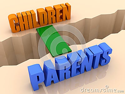 Two words Children and Parents united by bridge through separation crack. Cartoon Illustration