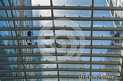 Two workers clean the glass roof of a shopping center in Mexico Stock Photo