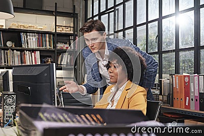 Two workers and colleagues discussed business jobs in workspace office company Stock Photo