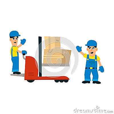 Two Workers And Forklift Machine Vector Illustration