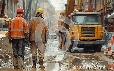 Two workers in highvisibility clothing walk next to a muddy street with a truck Stock Photo