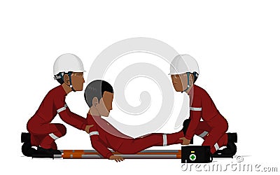 Two workers is laying the patient on the stretcher Vector Illustration