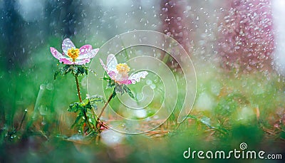 Two woven spring flower in the rain in a forest in spring close-up with soft focus The romantic imag Stock Photo