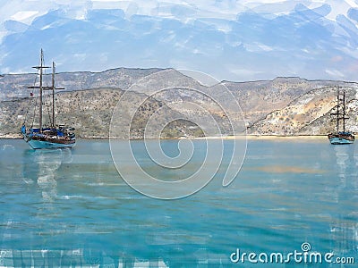 Two yachts against the blue sea and mountains. Photo, stylized as a watercolor Stock Photo