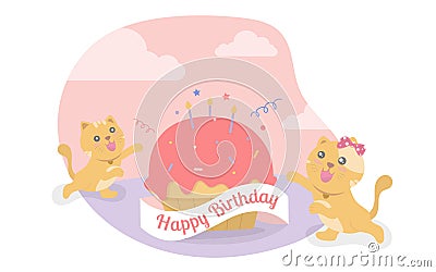 Two yellow cats are having fun playing around the cupcakes at the birthday party. Vector Illustration