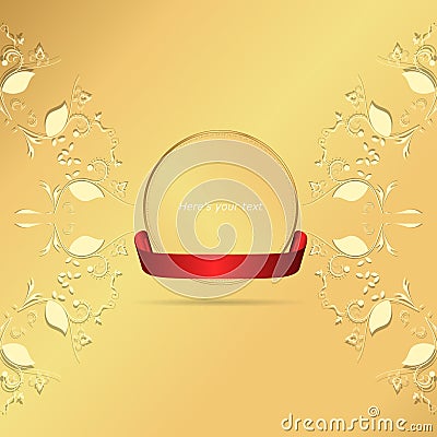 Two yellow horizontal circular ornament on a gold background with a gold tag and red ribbon. Stock Photo