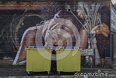 Two yellow Wheelie bin front of Portrait graffiti spray paint art Editorial Stock Photo