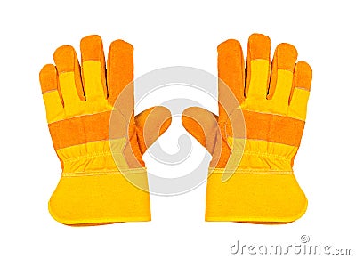 Two yellow work gloves, on white background Stock Photo