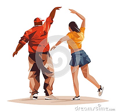Two young adult dancers, man and woman, performing hip hop. Street dance performance, joyful movement, and positive Vector Illustration