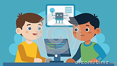 Two young boys sit huddled over a computer screen earnestly coding commands for their small selfmade robot to follow Vector Illustration