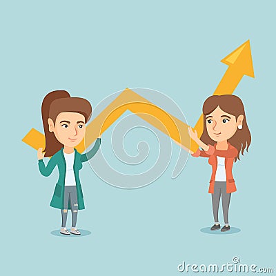 Two young business women holding growth graph. Vector Illustration