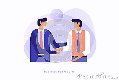 Two young businessmen talking to each other and shaking hands. Vector Illustration