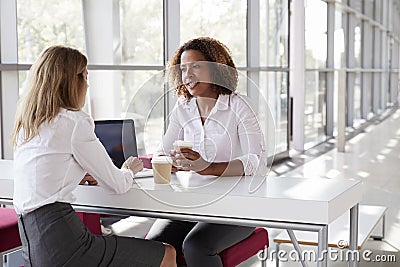 Two young businesswomen at a meeting talking, close up Stock Photo