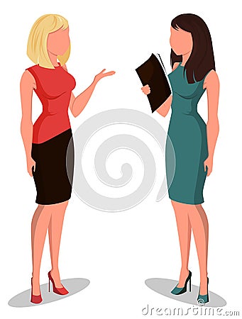 Two young cartoon businesswomen in office clothes. Beautiful girls preparing for meeting. Vector Illustration