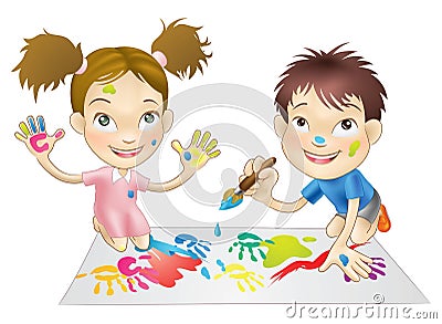 Two young children playing with paints Vector Illustration