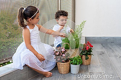 Two young children playing together, kids taking care of plants on balcony. Stock Photo