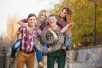 Two young couples spend time in the Park Stock Photo