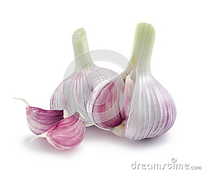 Two young garlic heads and cloves on white background Stock Photo