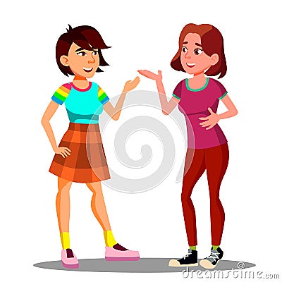 Two Young Girls Actively Discuss With Gestures Vector. Isolated Illustration Vector Illustration