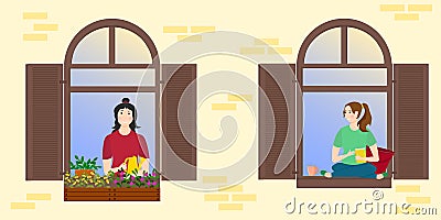 Two young girls communicate in open windows. Neighbors greet each other. Vector Illustration