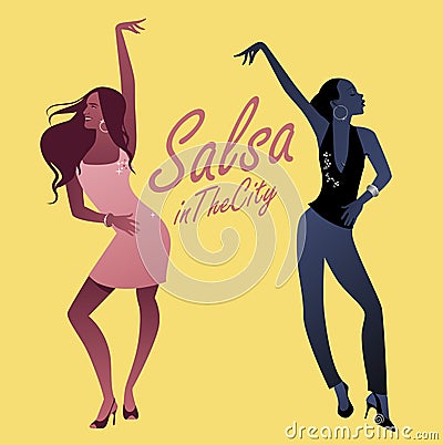 Two young girls dancing latin music: salsa, merengue, samba.. Vector Illustration
