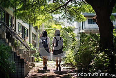 Two young girls enjoying nature as they walk together on a scenic path in the woods, Two young schoolgirls walking along outdoor Stock Photo