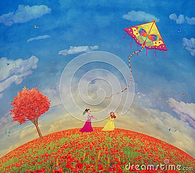 Two young girls with the kite on the field of poppies Cartoon Illustration