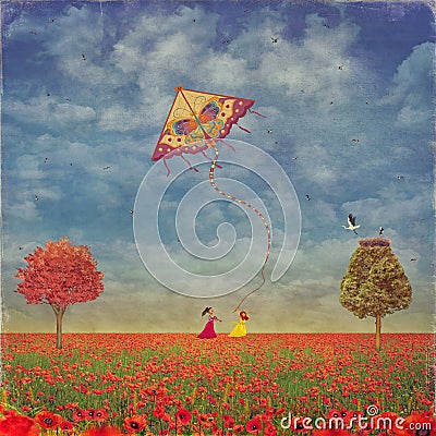 Two young girls with the kite on the field of poppies Cartoon Illustration