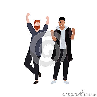 Two young guys stand, gesture of joy and celebration, Vector Illustration