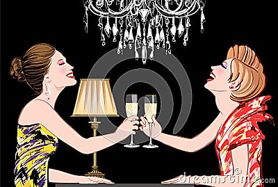 Two young happy women with champagne glasses Vector Illustration