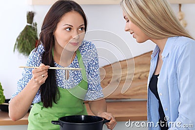 Two young happy women are cooking in the kitchen. Friends are having fun while preapering healthy and tasty meal Stock Photo