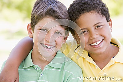 Two young male friends outdoors Stock Photo