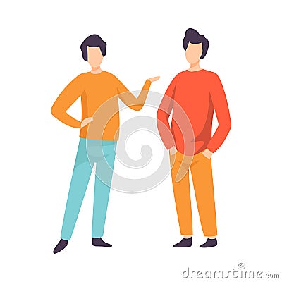 Two Young Men Dressed in Casual Clothing Standing and Talking, People Speaking to Each Other Vector Illustration Vector Illustration