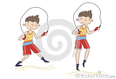 Two young men - experienced athlete and the beginner warming up on skipping ropes before working out or doing sport in Vector Illustration