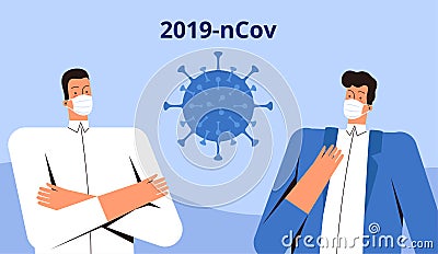 Two young men in medical masks stand and look at the new coronavirus 2019-nCoV. CoVID-2019 virus control concept Vector Illustration