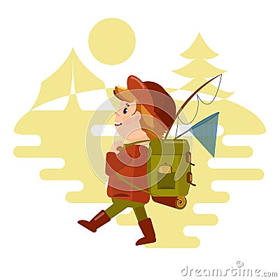 Two young Men tourist with a backpack goes on a hike against the background of nature. Vector in the style of th Vector Illustration