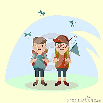 Two young Men tourist with a backpack goes on a hike against the background of nature. Vector in the style of th Vector Illustration