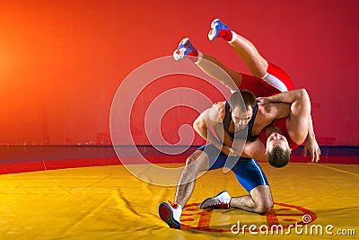 Two young men wrestling Stock Photo