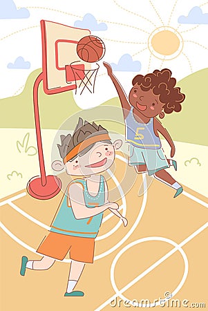 Two young multiethnic boys playing basketball with Vector Illustration