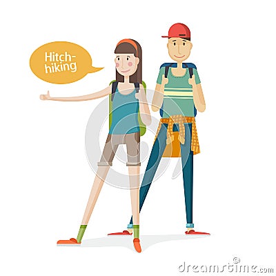 Two young people Couple tourists. Couple hitchhiking. Young people with backpacks with a finger up. Girl and boy Vector Illustration