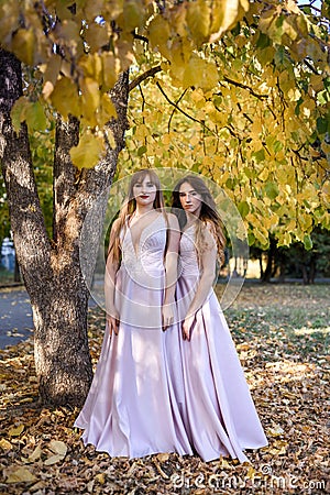 Two young princess wearing nice beige dress in autumn park. Fashion photo Stock Photo