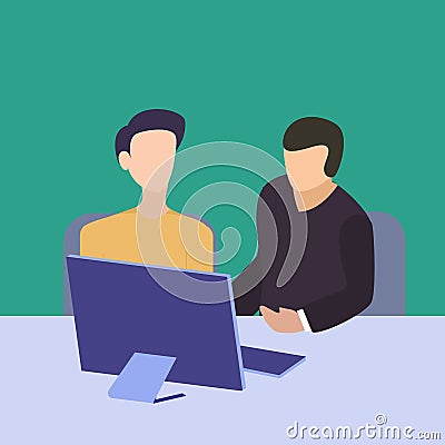 two young sales managers analyze sales growth chart on-screen monitor with marketing staff. Sales growth evaluation concept Modern Vector Illustration