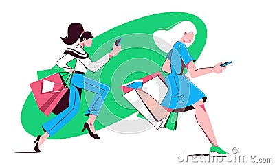 Two young shopping woman running with bags and looks into the phone, concept of sale, bestseller, informing by app Vector Illustration