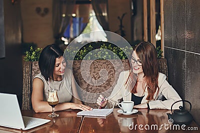 Two young smiling caucasian businesswomen with laptop. Women in cafe Stock Photo