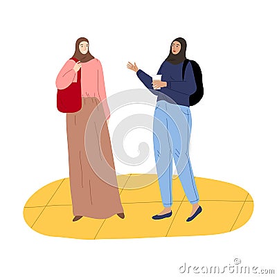 Two young smiling muslim girls friends standing and talking Vector Illustration