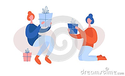 Two young white women in home cloth holding gifts. Concept winter holidays or christmass time to giving presents cartoon Vector Illustration
