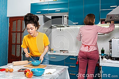 Two young women cook in the kitchen using online recipes in a smartphone. Concept of cooking at home, LGBT couples Stock Photo