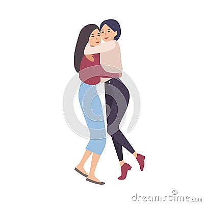 Two young women dressed in modern clothes smiling and hugging. Happy meeting of close friends. Female cartoon characters Vector Illustration